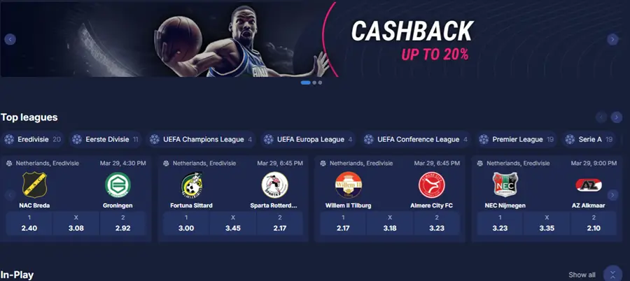 , waaronder weddenschappen op de Premier League, basketbal, tennis en tafeltennis. Bij voetbal zijn er zelfs meer dan 1000 toernooien beschikbaar.