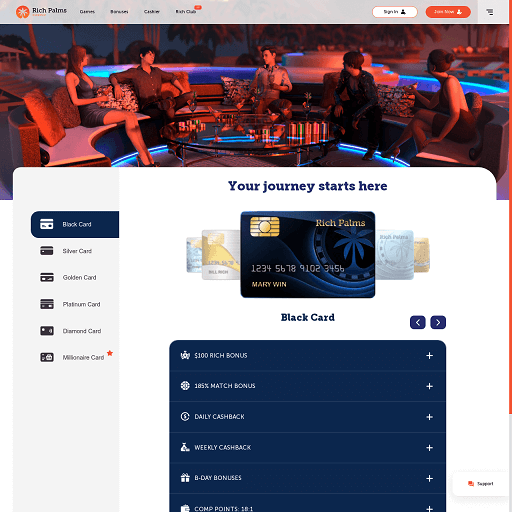 The Rich Club gains recognition as Rich Palms Casino's VIP Loyalty scheme. Distinct levels from a Black Card ascending to Millionaire Card each bring exclusive bonuses, cashback, comp points, and match bonuses, marking Rich Club a significant casino highlight.