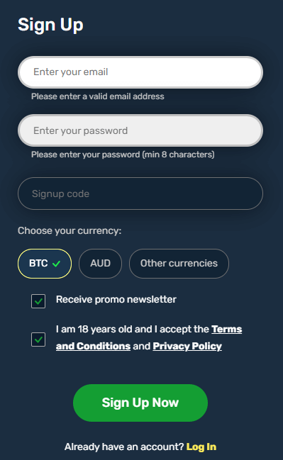 winz io sign up screen