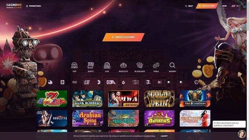 Snapshot of the Casinonic homepage tailored for Australian players