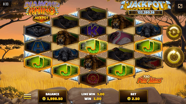 To snag a win, match symbols across any payline in any direction. Wild symbols can substitute for regular ones, multiplying wins up to 5x. To capture the great jackpot, line up five elephant symbols on a payline, a fabulous feature of the spectacular Diamond Rhino Jackpot.