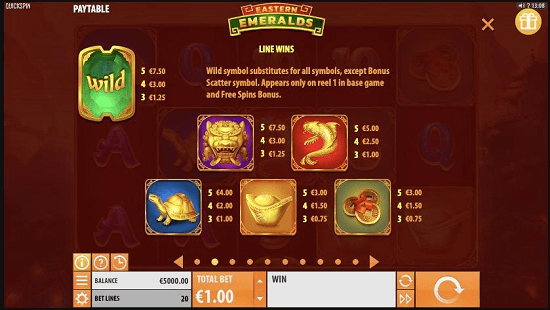 In Eastern Emeralds, you're free to adjust your stakes. Wagering more increases both risk and potential rewards, as symbol values scale with your bet.