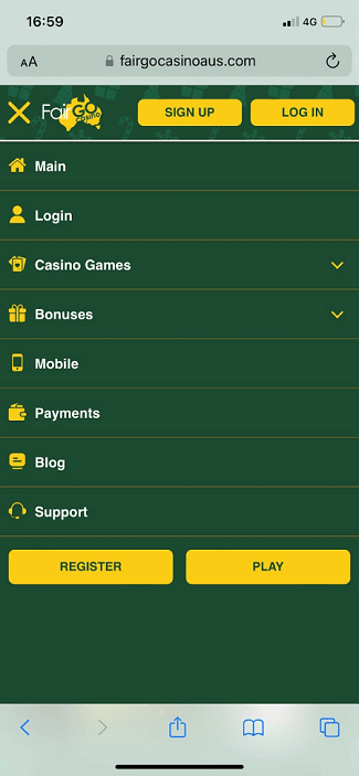 Mobile Layout of Fair Go Casino