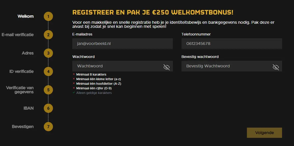 Inschrijfpagina voor de welkomstbonus bij Fair Play.