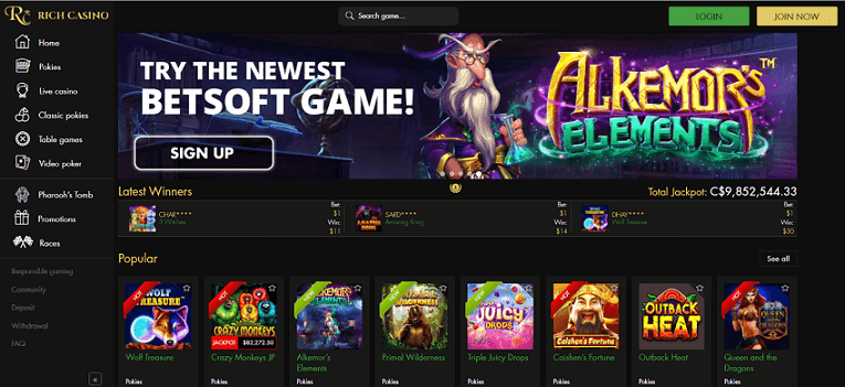 rich casino interface screenshot