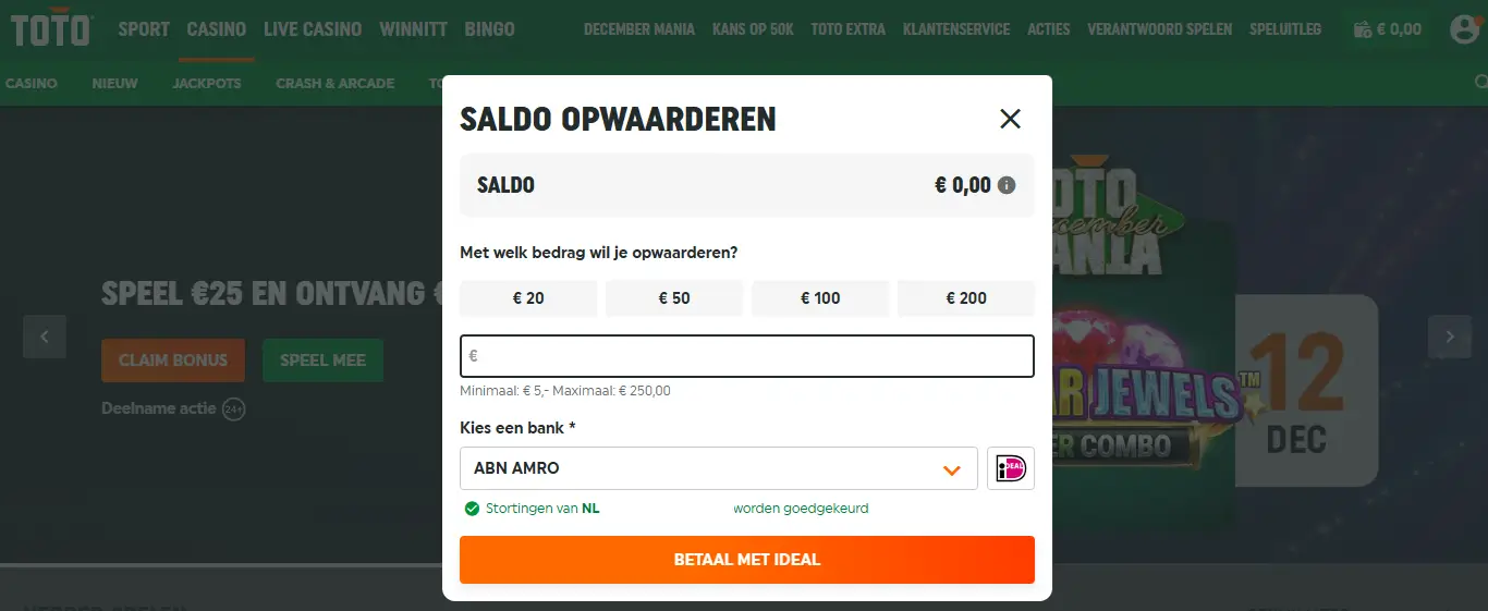 toto saldo opwaarderen scherm
