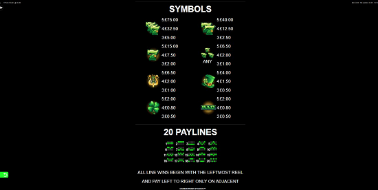 Pay table of 9 Pots of Gold pokie