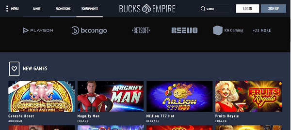 The user interface at Bucks Empire Casino Australia