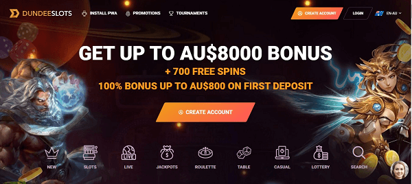 A look at the inviting design of Dundee Slots Casino’s Australia platform.