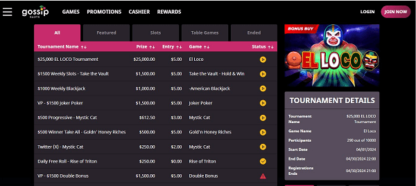 Explore the tournament section at Gossip Slots Australia for thrilling competitions.