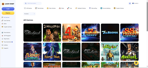 Games Lobby at LuckyStart Casino Australia
