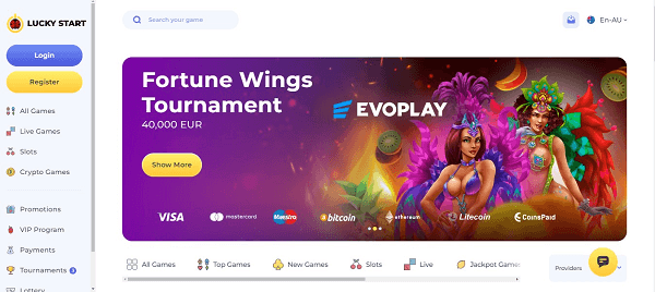 Interface of LuckyStart Casino Australia