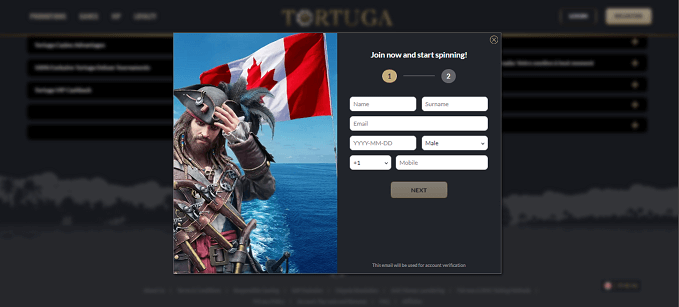 tortuga sign up screen
