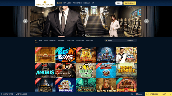 Right from the start, Viggoslots impresses with its sleek interface design. Its carefully chosen blue and white gold aesthetic permeates the entire site effectively.