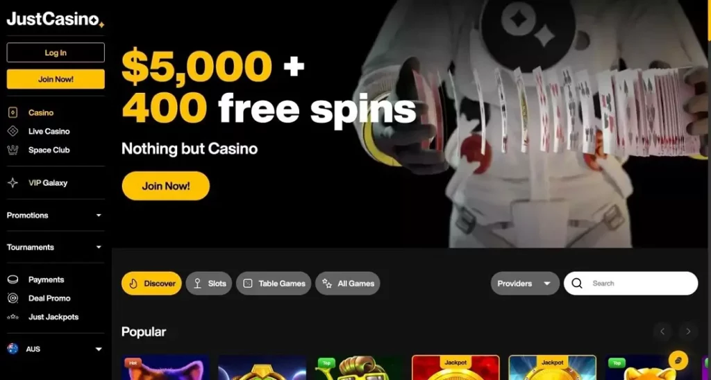 justcasino homepage header