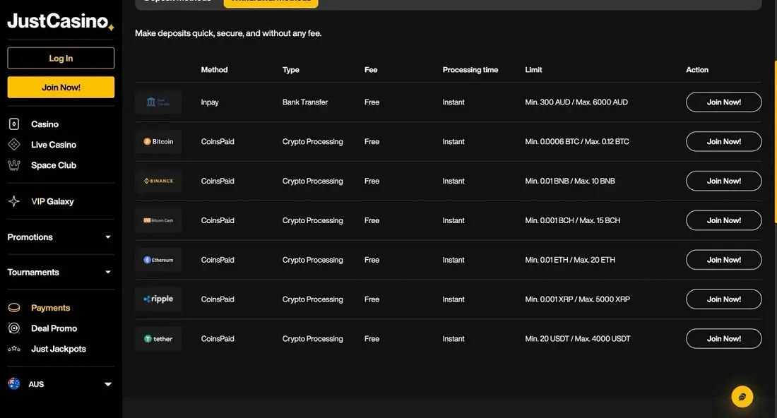 justcasino withdrawal options