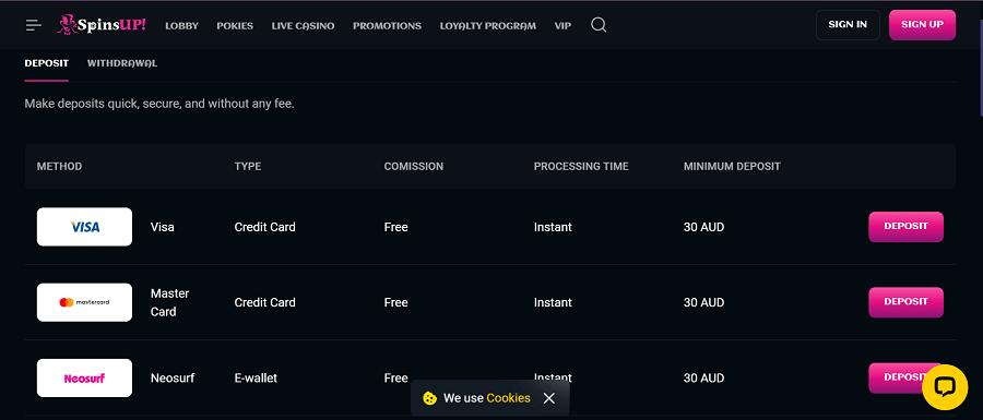 Spinsup casino payment methods