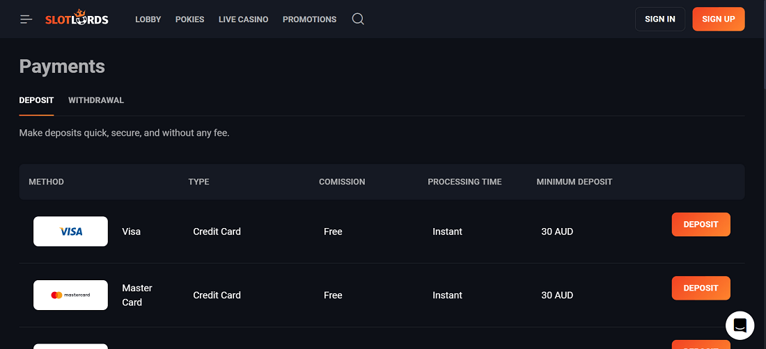 slotlord casino payment methods