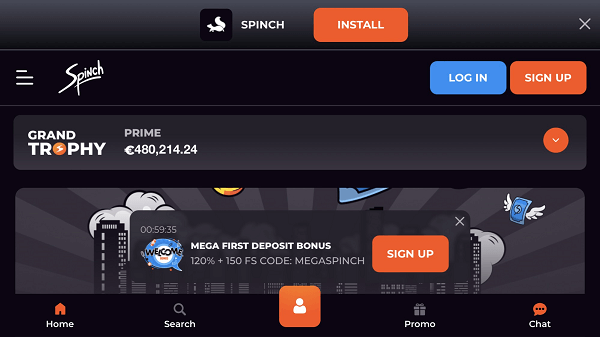 Spinch mobile casino homepage