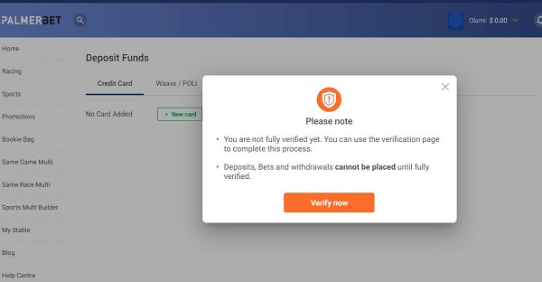 To simplify verification, Palmerbet offers three methods: