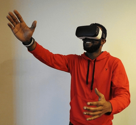 A man immersed in a virtual reality gaming experience