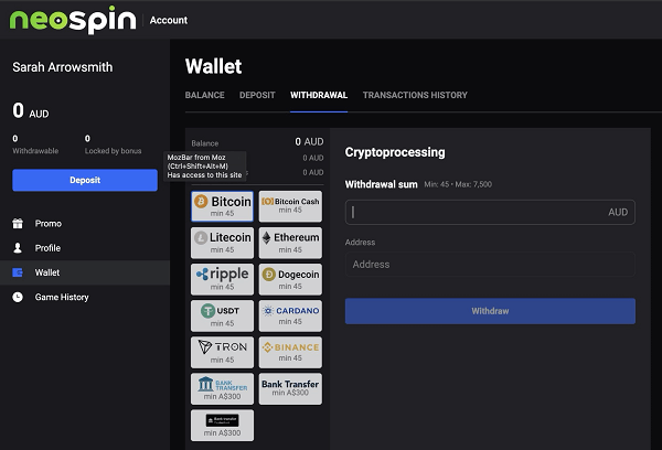Neospin Casino e-wallet