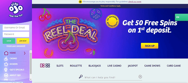 Play Ojo Casino homepage