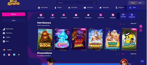 Royspins Casino homepage