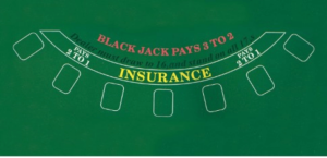 The layout of a blackjack table with an option for insurance prominently displayed.