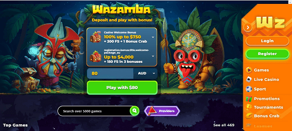 Wazamba Casino Homepage