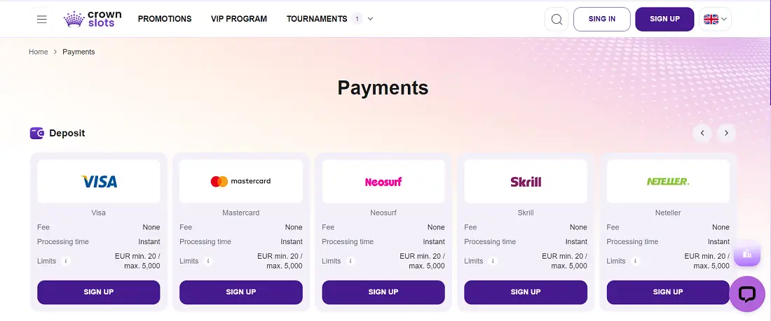 crownslots payment methods