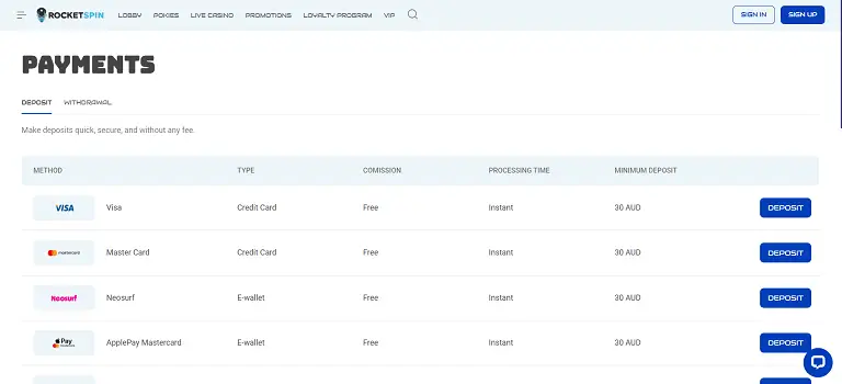 RocketSpin casino payment methods