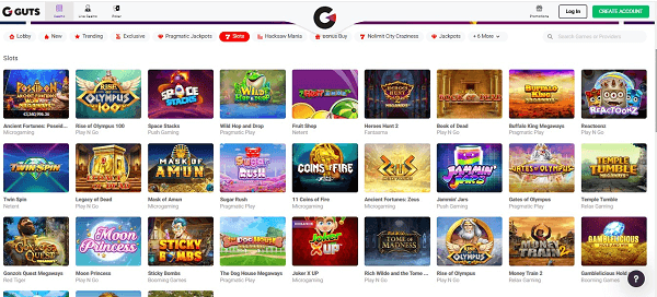 Guts Casino games lobby