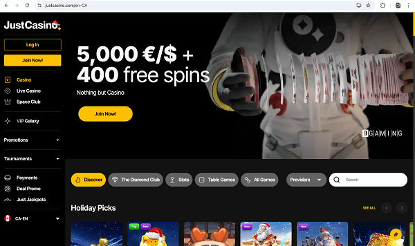 The homepage at JustCasino in Canada